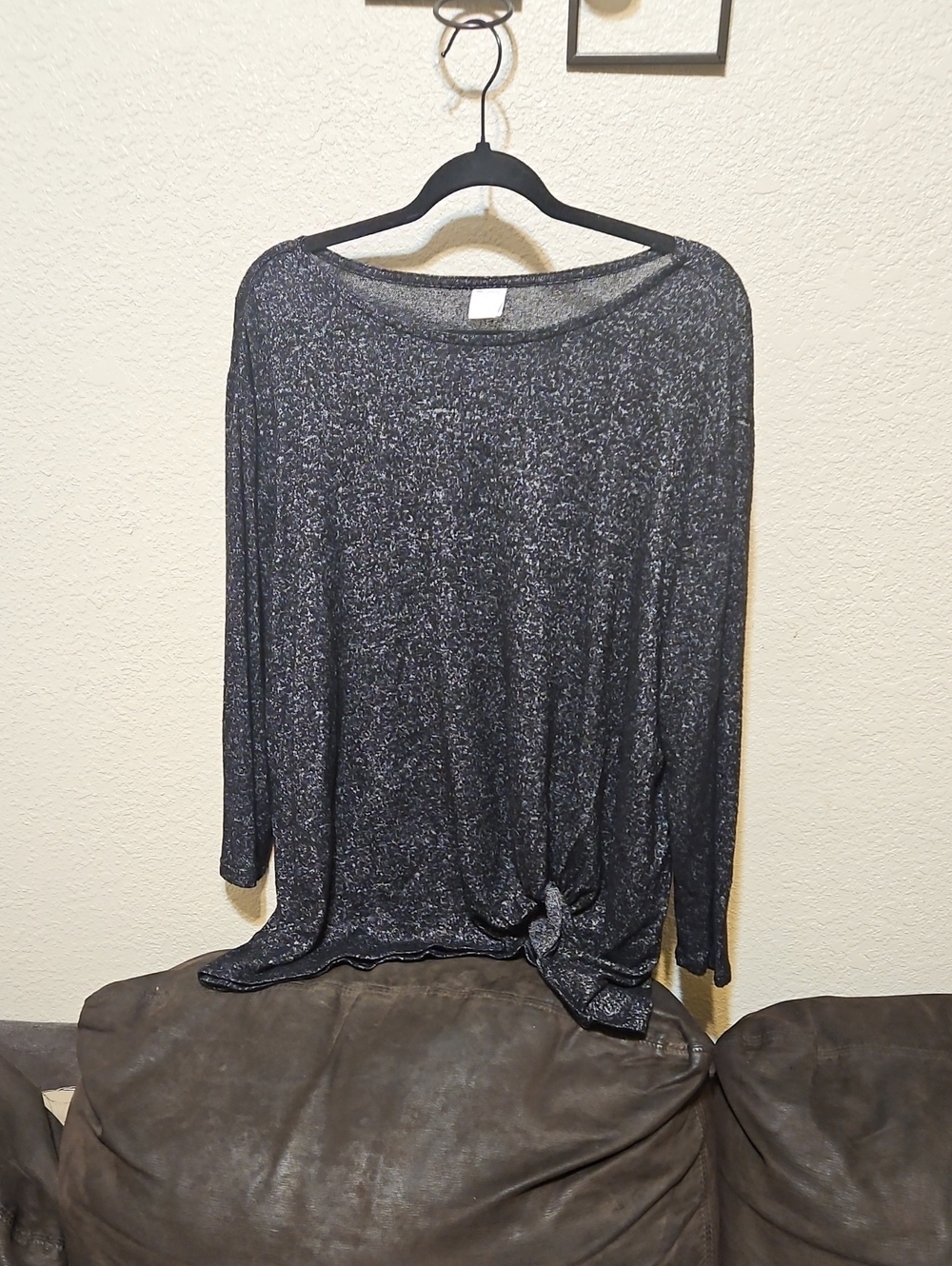 Serra Shimmery Black Long Sleeve Knit Top With Bottom Tie Knot.